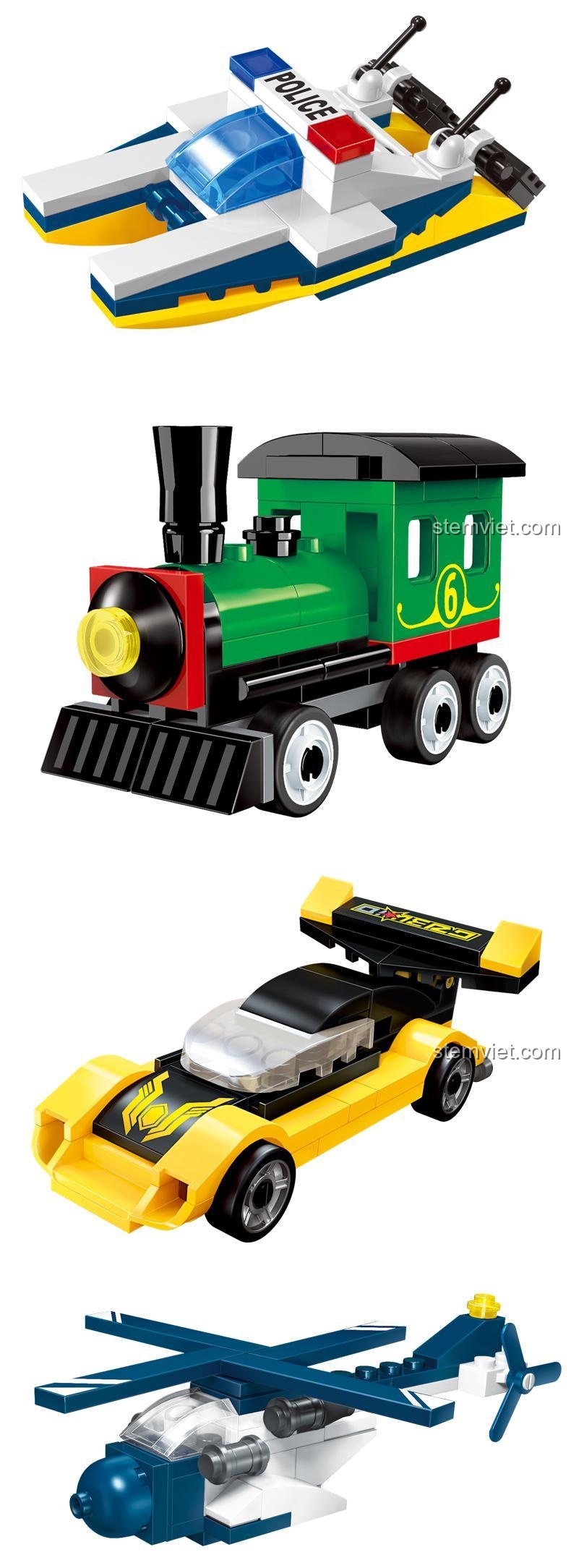 Chi tiết hộp sản phẩm Enlighten 1235 bộ đồ chơi lắp ráp, thể hiện 4 mẫu xe, cho bé trai 6 tuổi