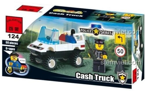 Hộp đồ chơi xếp hình Xe Tuần Tra Cảnh Sát Enlighten 124, gồm 60 chi tiết, phù hợp cho trẻ từ 6 tuổi.