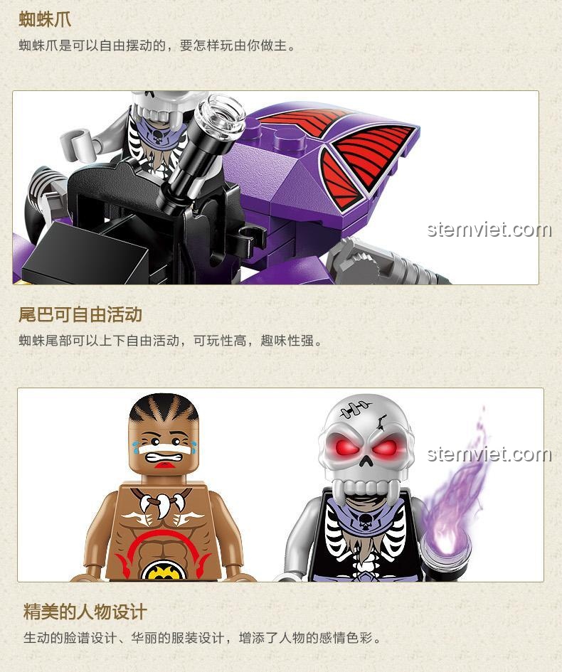 Thiết kế nhân vật bộ xếp hình Keeppley Nhện Độc Của Hải Tặc 1301, minifigure hải tặc và thổ dân với trang phục chi tiết, đồ chơi cho bé trai 6 tuổi.