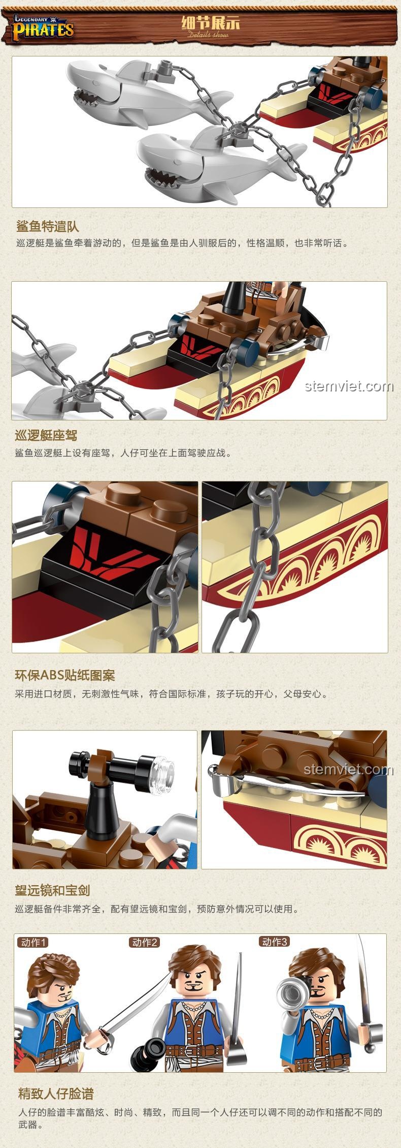 Chi tiết tính năng của bộ xếp hình Enlighten 1302 Thuyền trưởng Cướp biển, bao gồm cá mập kéo, thuyền có cánh quạt và minifigure cử động linh hoạt, tăng cường trải nghiệm chơi cho bé trai.