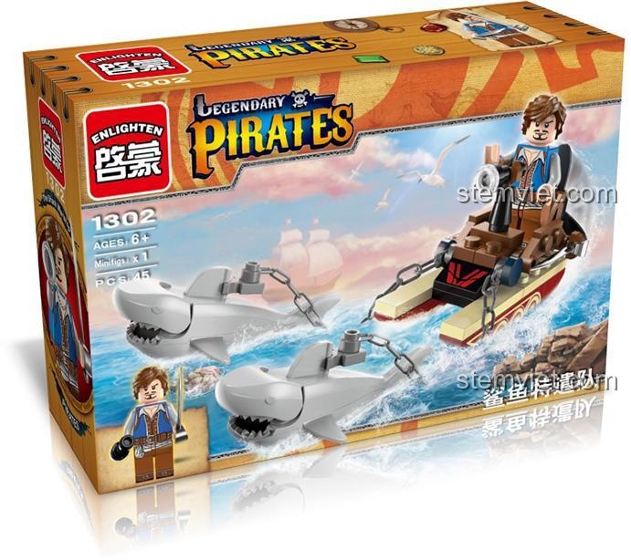 Đồ chơi mô hình Enlighten 1302 với minifigure thuyền trưởng cướp biển, ống nhòm và kiếm, cùng hai cá mập kéo, mang đến trải nghiệm chơi sáng tạo cho bé trai.