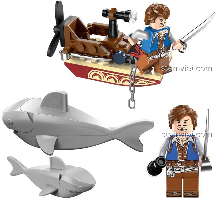 Mô hình đồ chơi lắp ráp Thuyền Cướp Biển Kéo Cá Mập Enlighten 1302 với thuyền trưởng và cá mập, chi tiết sắc nét, phù hợp cho bé trai khám phá.