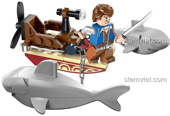 Hộp đồ chơi lắp ráp Cướp Biển Huyền Thoại Enlighten 1302, thể hiện cảnh thuyền trưởng cướp biển kéo cá mập trên biển, món quà tuyệt vời cho bé trai 6 tuổi.