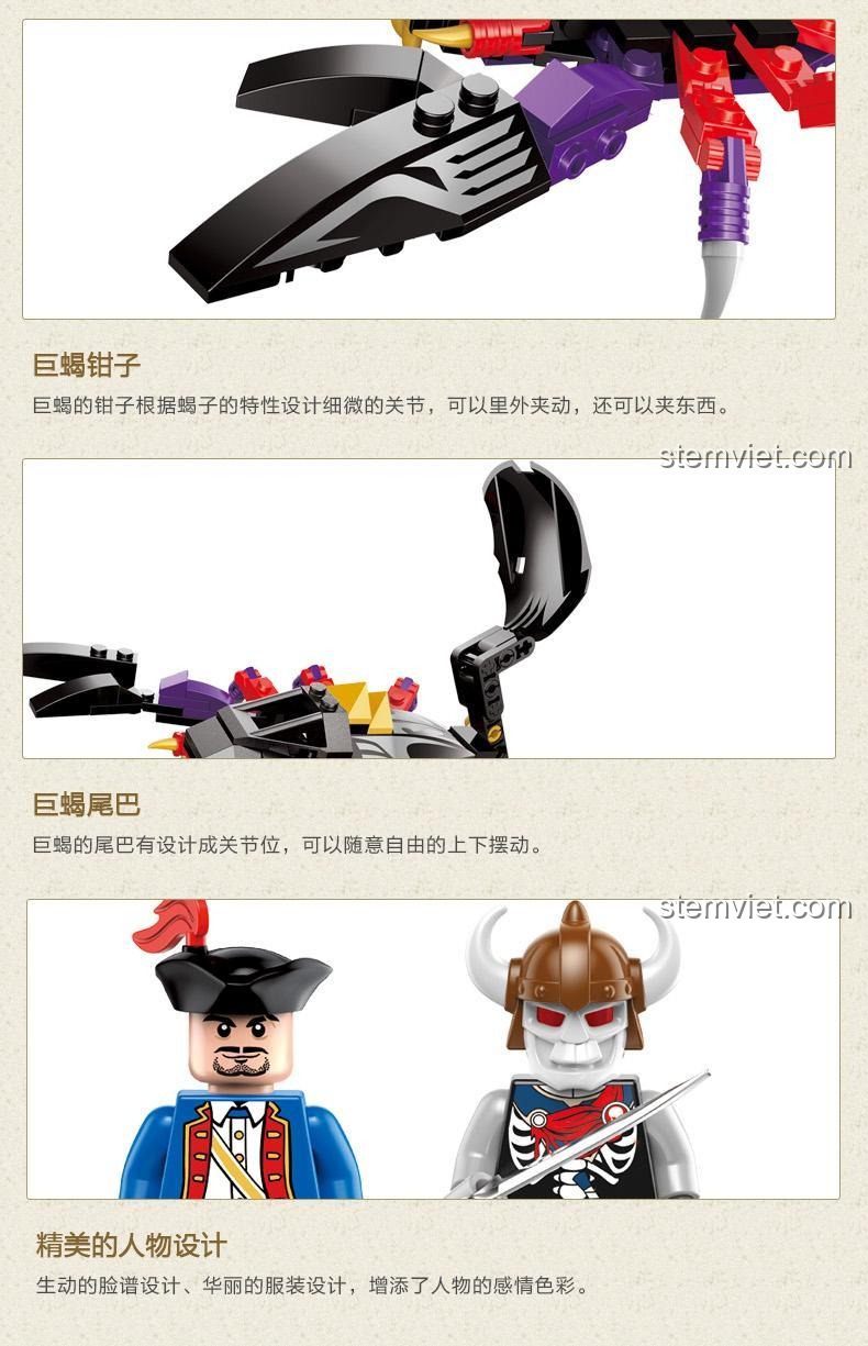 Chi tiết móng vuốt, đuôi và minifigure của bộ lắp ghép Enlighten 1303 Bọ Cạp Khổng Lồ, đồ chơi lắp ráp Hải Tặc Huyền Thoại QMAN, đồ chơi mô hình Quái Vật Biển Khổng Lồ Keeppley, bộ xếp hình Bọ Cạp Hải Tặc ưu đãi tốt.