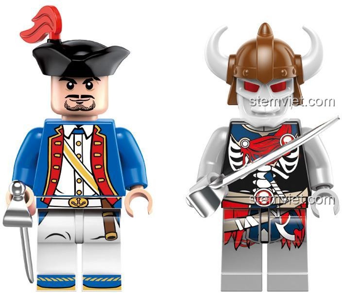 Minifigure Thuyền trưởng Hải Tặc và Chiến Binh Xương từ bộ lắp ghép Enlighten 1303, đồ chơi lắp ráp Hải Tặc Huyền Thoại QMAN, đồ chơi mô hình Quái Vật Biển Khổng Lồ Keeppley, phù hợp bé trai 6 tuổi.