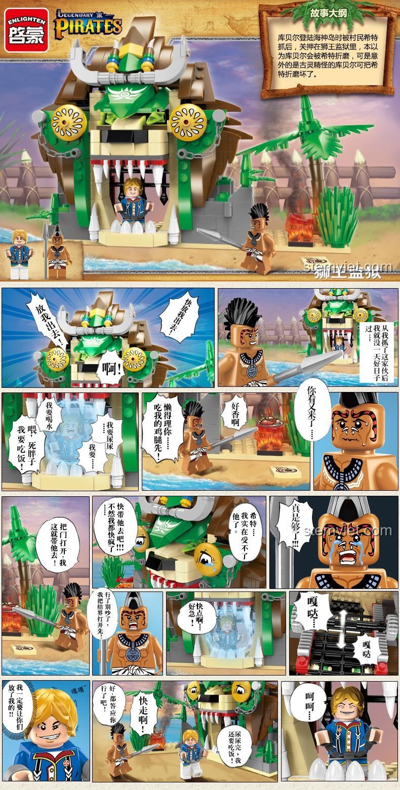 Truyện tranh về bộ đồ chơi Enlighten 1308 Nhà tù Sư Tử, minh họa cuộc phiêu lưu và tính năng bẫy của ngục tù hải tặc, kích thích sáng tạo cho bé trai.