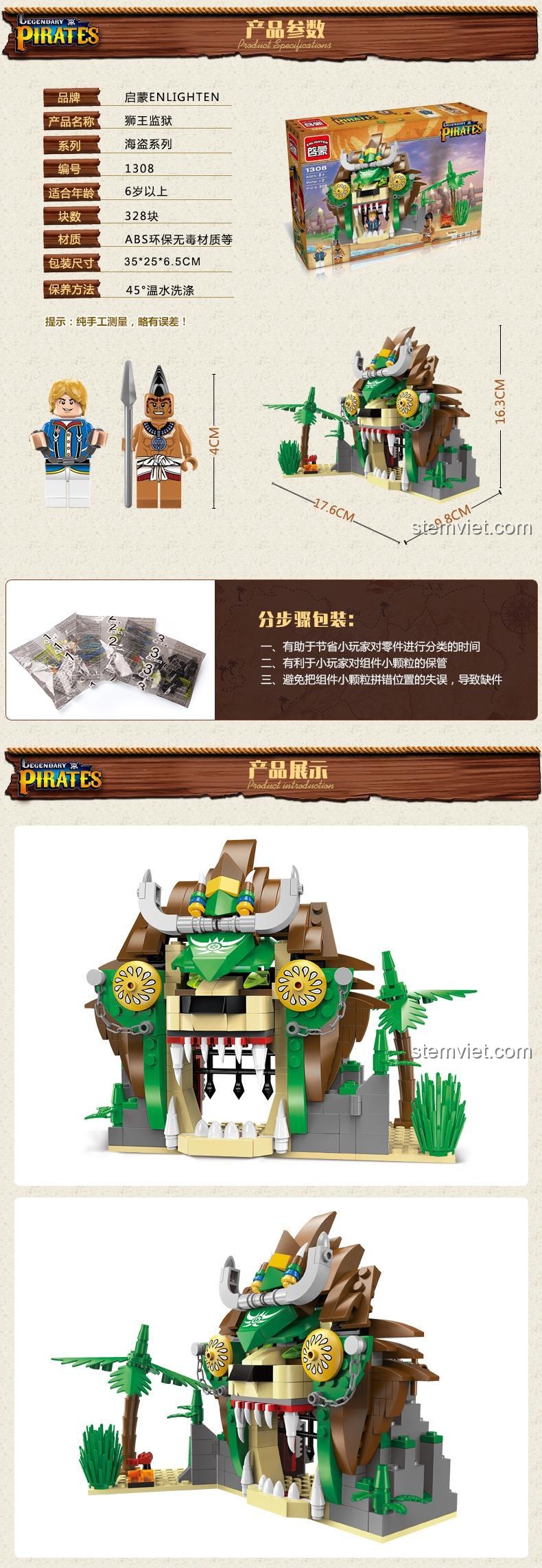 Kích thước mô hình Nhà tù Sư Tử Enlighten 1308 so sánh với lon nước, giúp hình dung rõ hơn về đồ chơi lắp ráp này cho bé trai 6 tuổi.