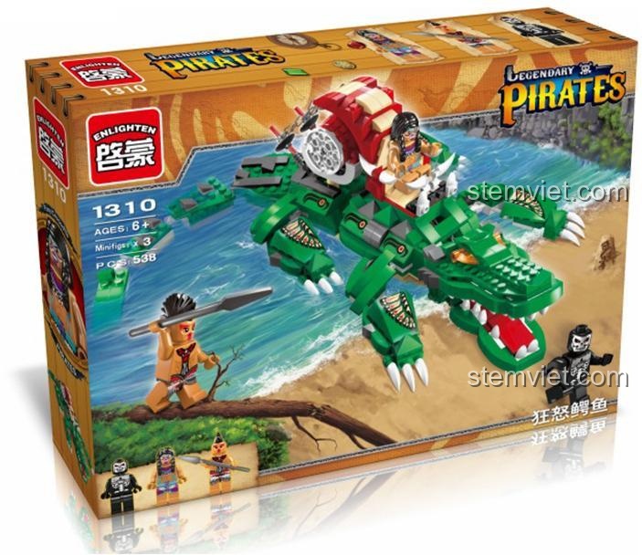 Bộ đồ chơi Cá Sấu Cuồng Nộ Enlighten 1310 trên bãi biển, mang đến cuộc phiêu lưu hải tặc cho bé trai.