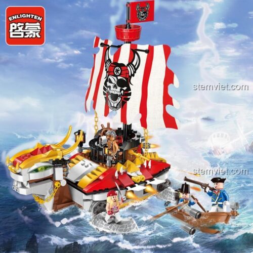 Đồ chơi lắp ráp Tàu Hải Tặc Enlighten 1312 cùng 4 minifigure hải tặc và lính đang chiến đấu trên biển, đồ chơi mô hình cho bé trai 6 tuổi