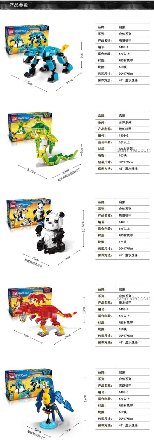 Thông số kỹ thuật chi tiết của mô hình Sói Xanh trong bộ lắp ghép Enlighten 1403-5, thể hiện kích thước và số mảnh ghép, phù hợp cho bé trai 6 tuổi.