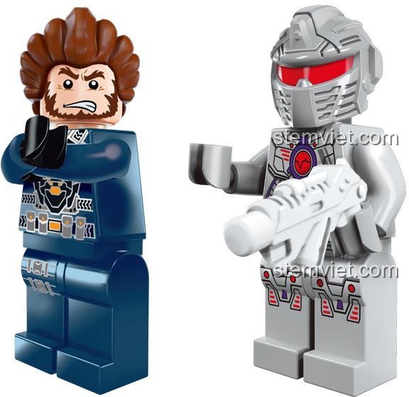 Đồ chơi xây dựng Máy bay chiến đấu không gian Enlighten 1606, cận cảnh 2 minifigures Virus Robocop và Frey, chi tiết sắc nét, cho bé trai 6 tuổi