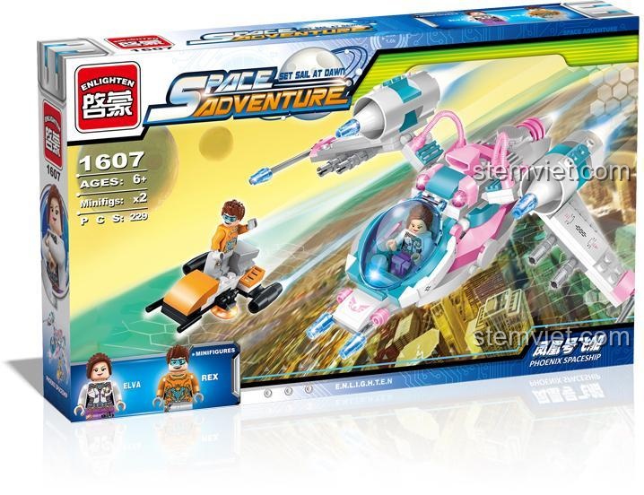 Chi tiết đồ chơi mô hình Phi thuyền không gian Phoenix Enlighten 1607 và xe trượt nhỏ, với minifigure phi hành gia Rex sẵn sàng cho nhiệm vụ.