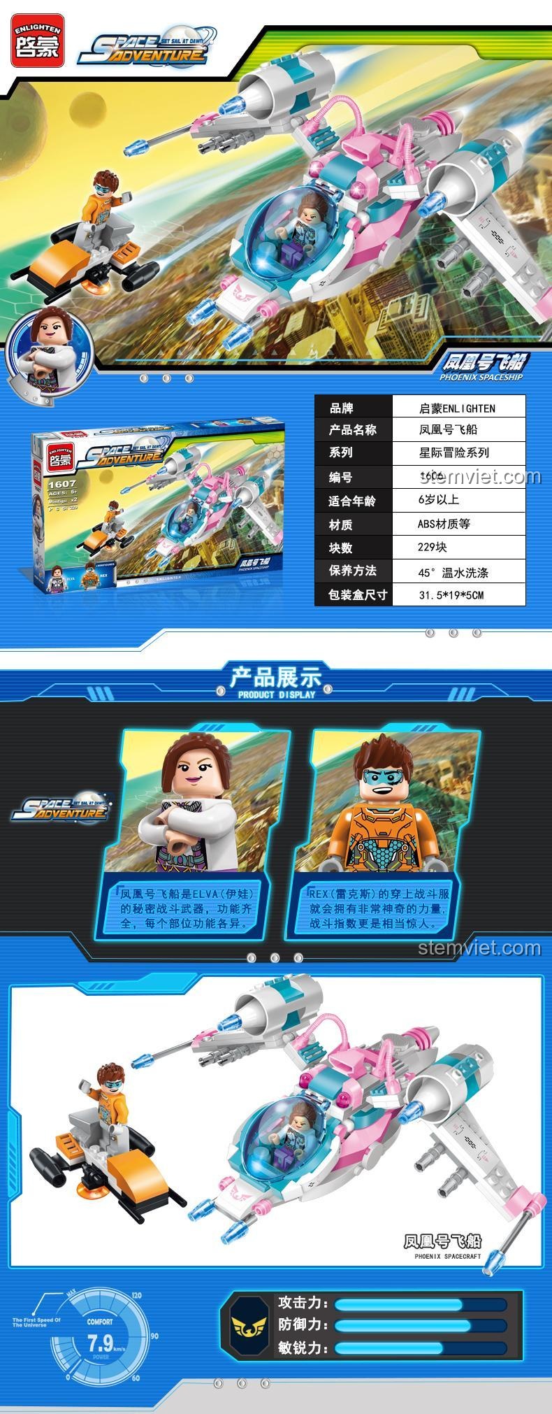 Các tính năng nổi bật của Phi thuyền không gian Phoenix Enlighten 1607: tên lửa mạnh mẽ và buồng lái trong suốt có thể mở đóng.