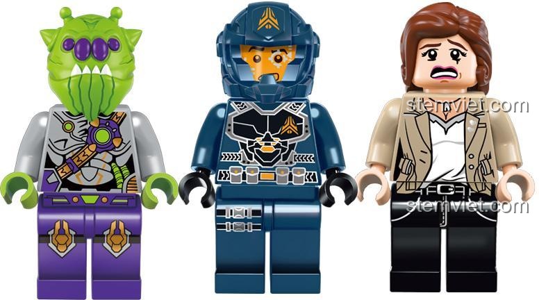 Ba minifigure độc đáo: người ngoài hành tinh, chiến binh Dean và Anne trong bộ lắp ghép Enlighten 1608 Phi thuyền không gian.