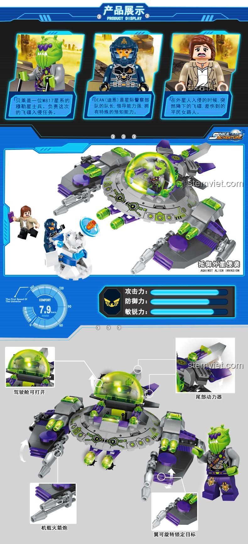Tính năng nổi bật của bộ lắp ghép Keeppley Người ngoài hành tinh 1608: buồng lái mở, tên lửa, trạm phòng thủ xoay.