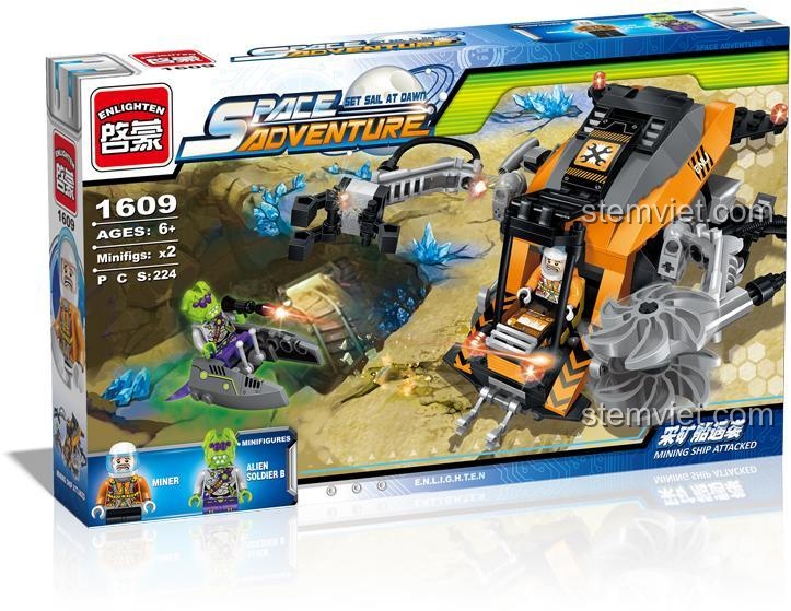 Hộp sản phẩm bộ đồ chơi tàu khai thác không gian Enlighten 1609, hiển thị số mảnh 224 và độ tuổi 6+, món quà đáng tiền.
