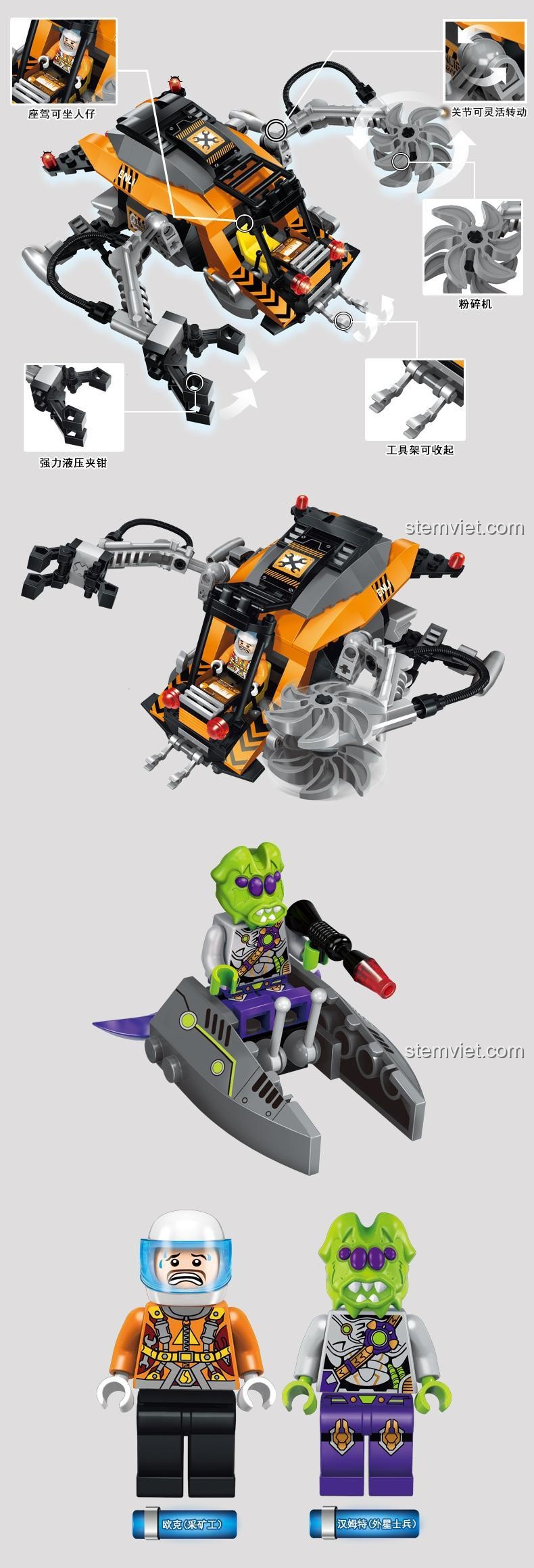 Các tính năng đặc biệt của tàu khai thác không gian Enlighten 1609: buồng lái, cánh tay kẹp, mũi khoan xoay, cùng minifigures chi tiết.