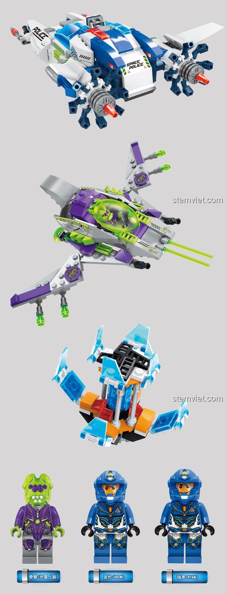 Chi tiết các mẫu lắp được và minifigures của bộ đồ chơi Enlighten 1616, thể hiện độ chi tiết cao, phù hợp bé trai 6 tuổi.