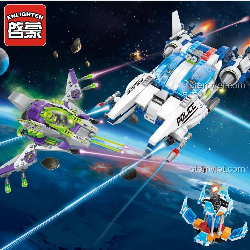 Đồ chơi lắp ráp Enlighten 1616 Phi thuyền cảnh sát không gian và phi thuyền ngoài hành tinh chiến đấu trong không gian, dành cho bé trai 6 tuổi, chất lượng cao.