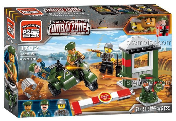 Đồ chơi mô hình Cảnh quan chiến trường Enlighten 1702 với trạm gác có khả năng bắn đạn, minifigure lính gác, phù hợp bé trai.