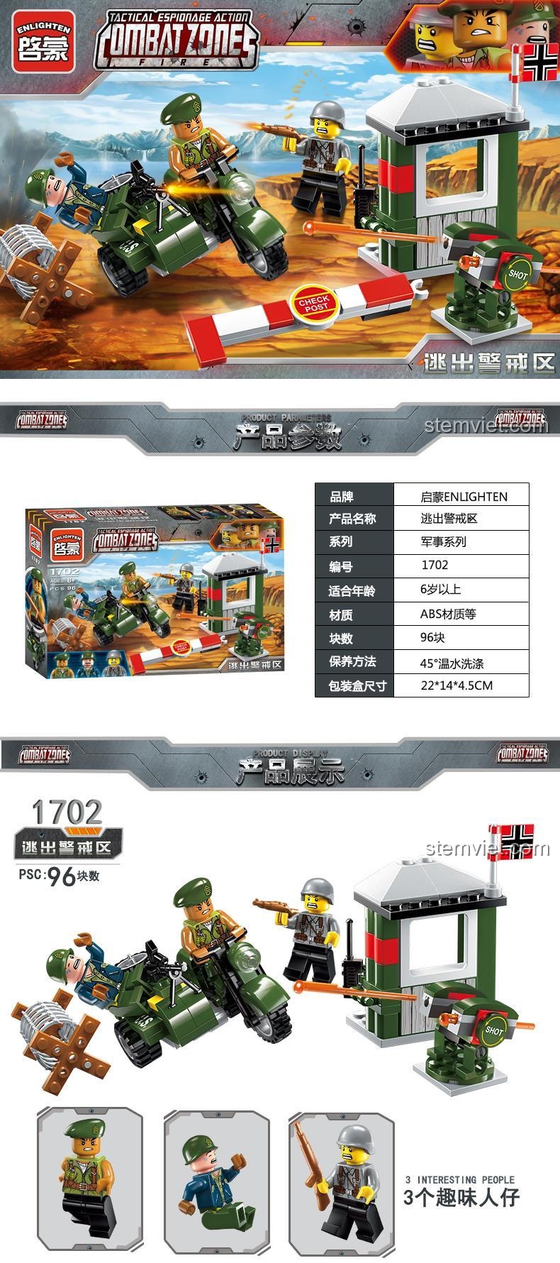 Hộp bộ đồ chơi Enlighten 1702 Xe mô tô quân sự và trạm gác, thể hiện đầy đủ các chi tiết sản phẩm, món quà đáng tiền cho bé trai 6 tuổi.