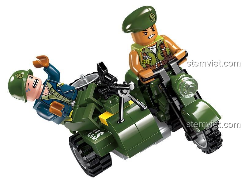 Bộ lắp ghép Enlighten 1702 Trạm gác quân sự và xe mô tô, cảnh hành động kịch tính, đồ chơi cho bé trai 6 tuổi, chất lượng cao.