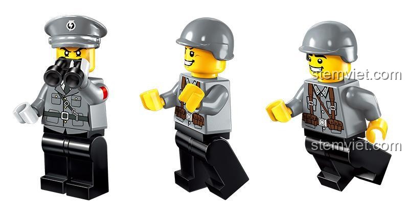 Ba minifigure lính dũng mãnh của bộ đồ chơi Enlighten 1704 Pháo Phòng Không Cao Địa, bao gồm chỉ huy và pháo thủ, chất lượng cao.