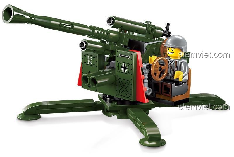 Đồ chơi lắp ráp Pháo Chống Máy Bay Enlighten 1704 với chi tiết pháo tinh xảo, màu xanh lá chủ đạo, phù hợp bé trai yêu thích quân sự.