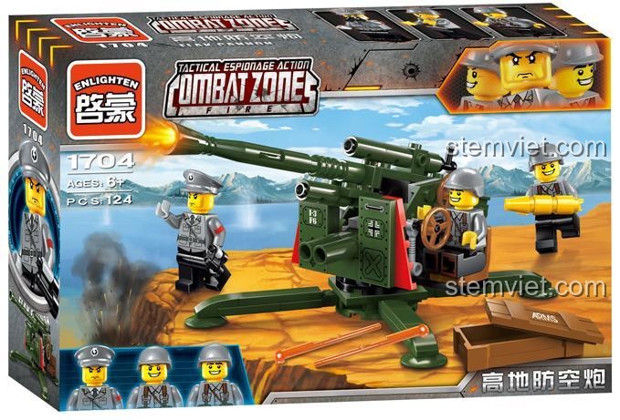 Hộp sản phẩm Enlighten 1704 Pháo Phòng Không Cao Địa Chiến Trường, thể hiện đầy đủ thông tin số mảnh 124 và độ tuổi 6+, giá tiết kiệm.