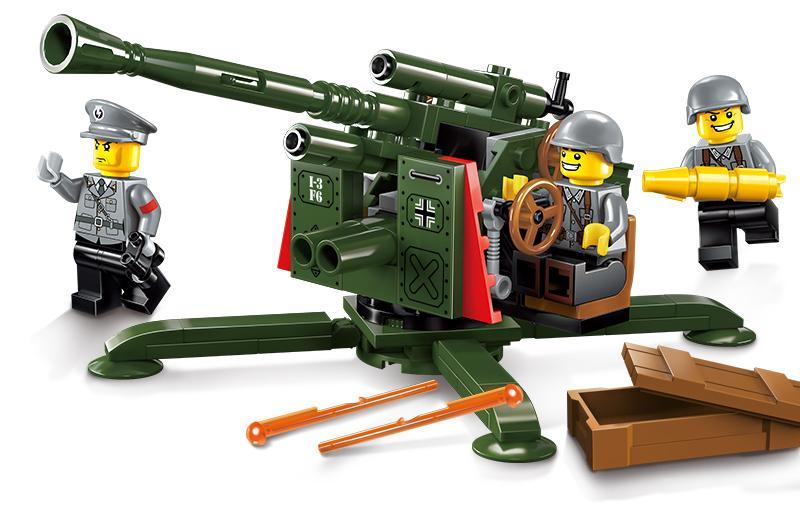 Bộ đồ chơi Enlighten 1704 Pháo Phòng Không Cao Địa Chiến Trường kèm 3 minifigure lính, pháo xoay và bắn đạn thật, phù hợp bé trai 6 tuổi, giá tốt.