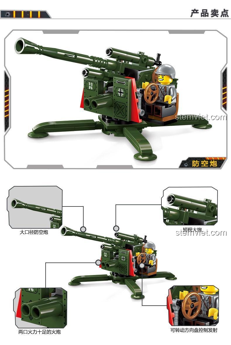 Tính năng nổi bật của Pháo Phòng Không Enlighten 1704: pháo xoay, bắn đạn, hai nòng hỏa lực mạnh mẽ, đồ chơi xây dựng 04.