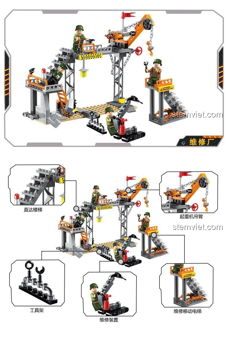 Chi tiết các bộ phận của Enlighten 1712 Nhà máy sửa chữa quân sự, thể hiện cần cẩu, thang và giá đỡ dụng cụ.
