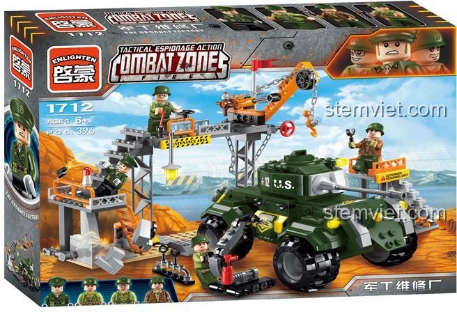 Hộp sản phẩm Enlighten 1712 Nhà máy sửa chữa quân sự, thể hiện rõ số mảnh ghép 396 và độ tuổi khuyến nghị 6+.