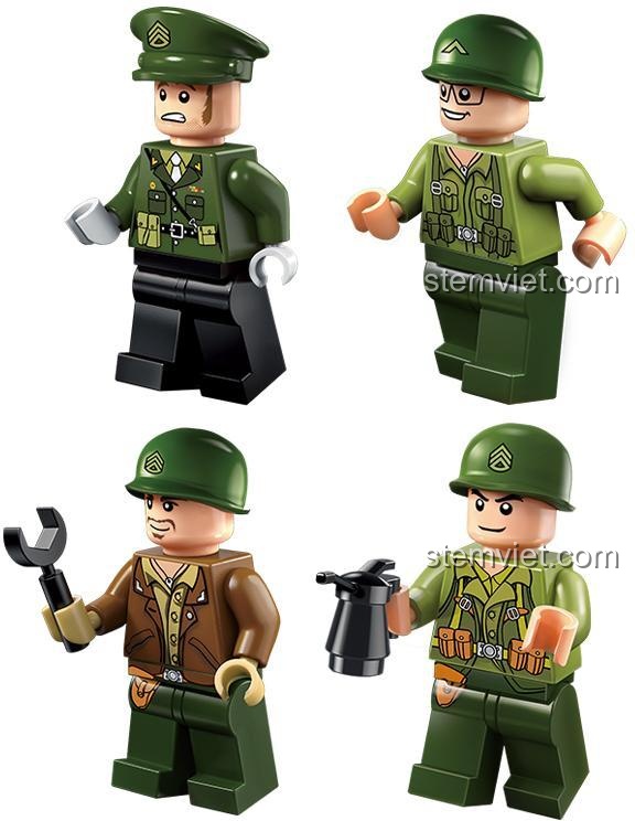 4 minifigures lính công binh trong bộ đồ chơi Enlighten 1712 Nhà máy sửa chữa quân sự, tăng cường trải nghiệm chiến trường sống động.
