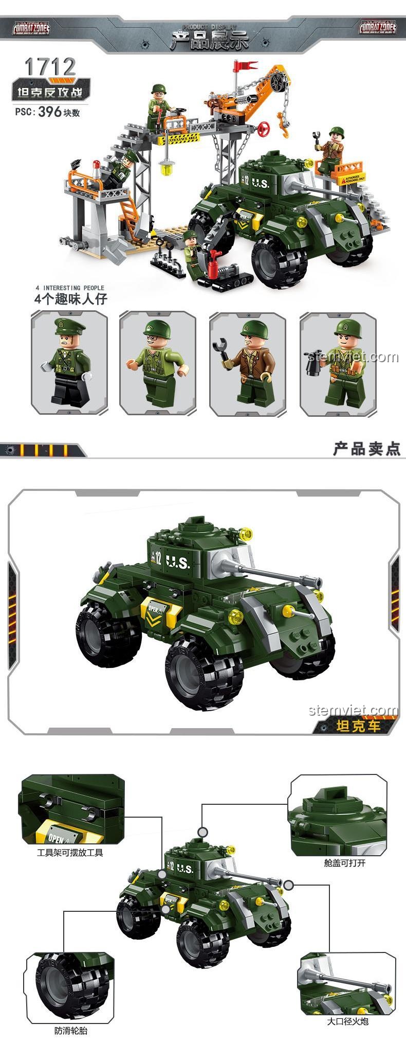 Các tính năng nổi bật của bộ đồ chơi Enlighten 1712 Nhà máy sửa chữa quân sự, bao gồm 4 minifigures và xe bọc thép.