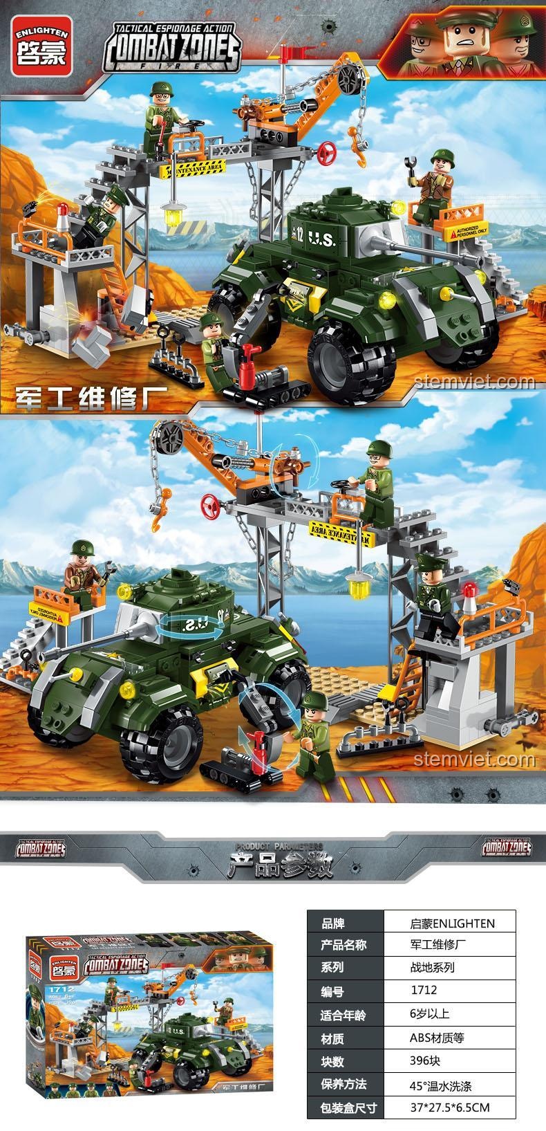 Tổng quan bộ lắp ghép Enlighten 1712 Nhà máy sửa chữa quân sự với cần cẩu di chuyển và xe bọc thép, đồ chơi xây dựng chất lượng cao.