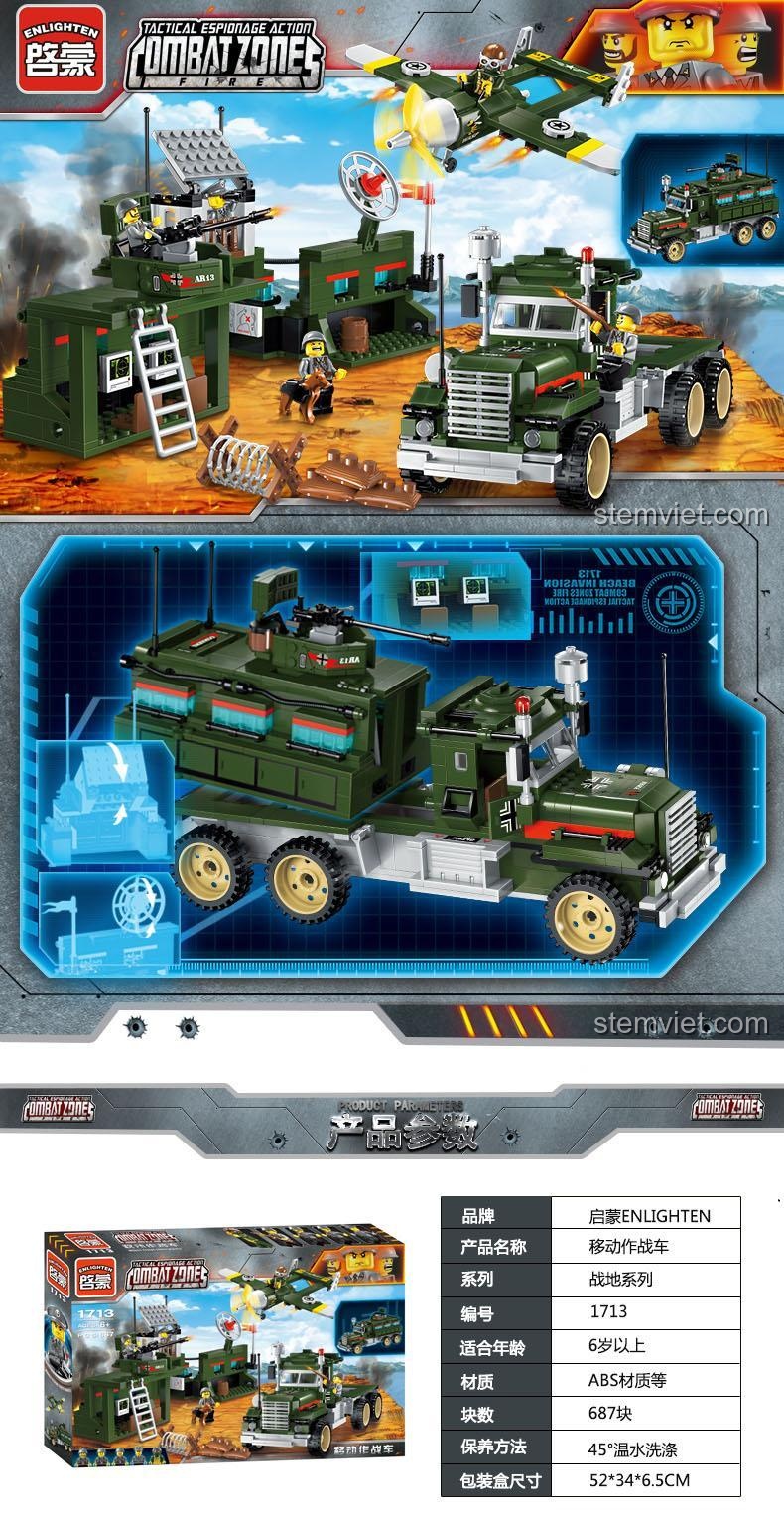 Hộp sản phẩm bộ lắp ráp quân sự Enlighten 1713, thể hiện các mô hình xe tác chiến, trạm chỉ huy và máy bay, phù hợp bé trai 6 tuổi, giá tốt.