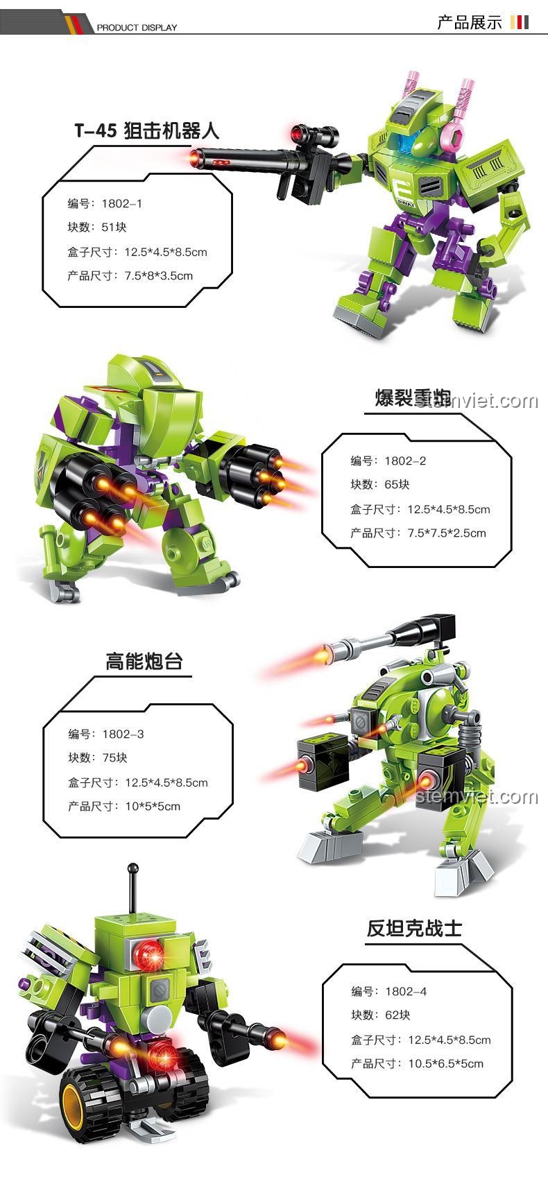 Các mẫu robot riêng lẻ Enlighten 1802-1, 1802-2, 1802-3, 1802-4 với thông số chi tiết và kích thước hộp