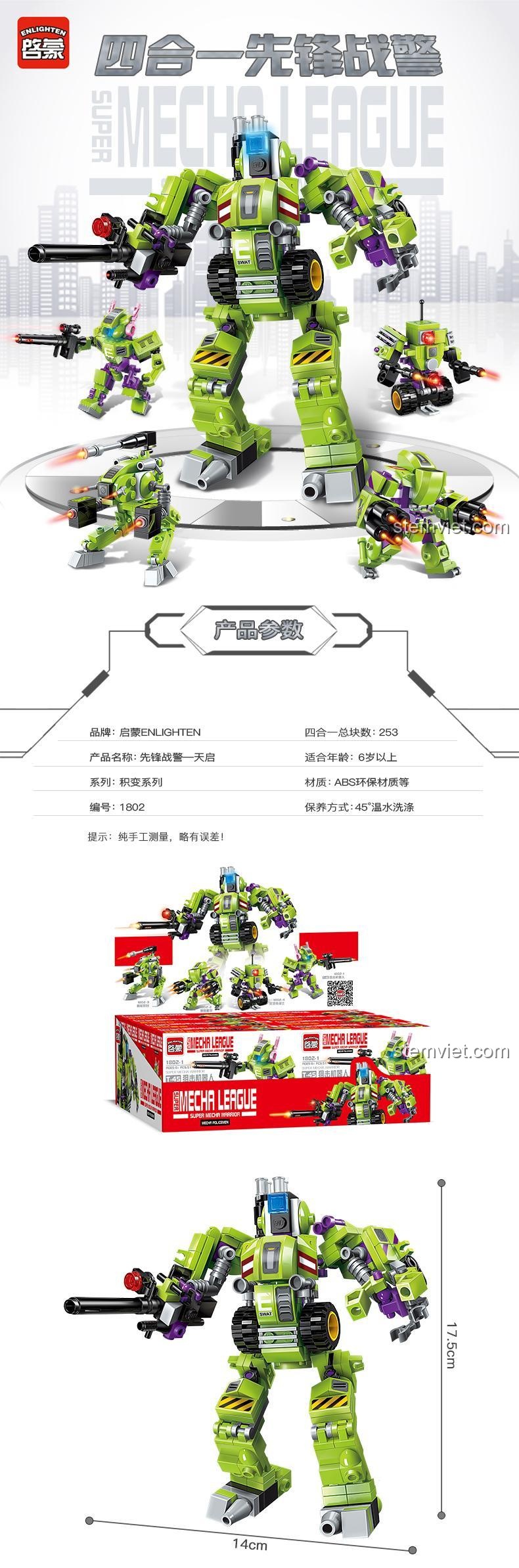 Toàn bộ các mẫu robot trong bộ lắp ghép Enlighten 1802-2 Siêu Robot Chiến Đấu 4 trong 1, hiển thị kích thước 17.5cm, đồ chơi xây dựng cho bé trai 6 tuổi.