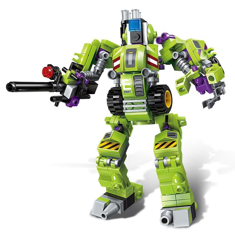 Enlighten 1802-2 Siêu Robot Chiến Đấu 4 trong 1, bộ đồ chơi lắp ráp Robot Biến Hình màu xanh lá và tím, phù hợp bé trai 6 tuổi, chất lượng cao.