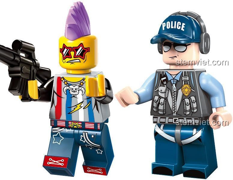 Hai minifigure cảnh sát và kẻ cướp trong bộ xếp hình Enlighten 1905 Biệt Đội Cảnh Sát: Tay Bắn Tỉa, đồ chơi mô hình hành động cho bé trai.
