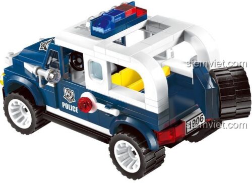 Mô hình xe cảnh sát Enlighten 1906 từ phía sau, đồ chơi cảnh sát địa hình Qman, bộ lắp ráp xe cảnh sát