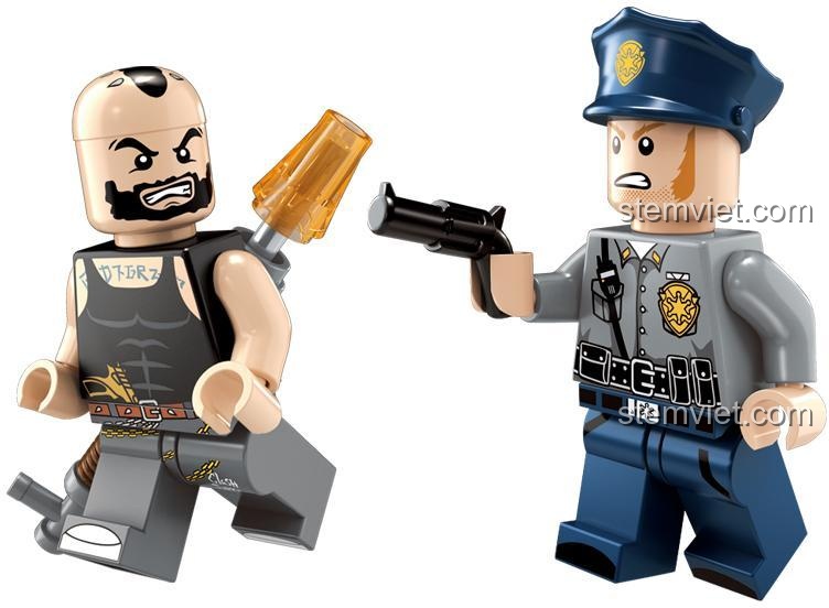 Hai minifigure cảnh sát và tội phạm trong bộ đồ chơi Enlighten 1910, chi tiết sắc nét, đồ chơi mô hình hấp dẫn cho bé trai 6 tuổi.
