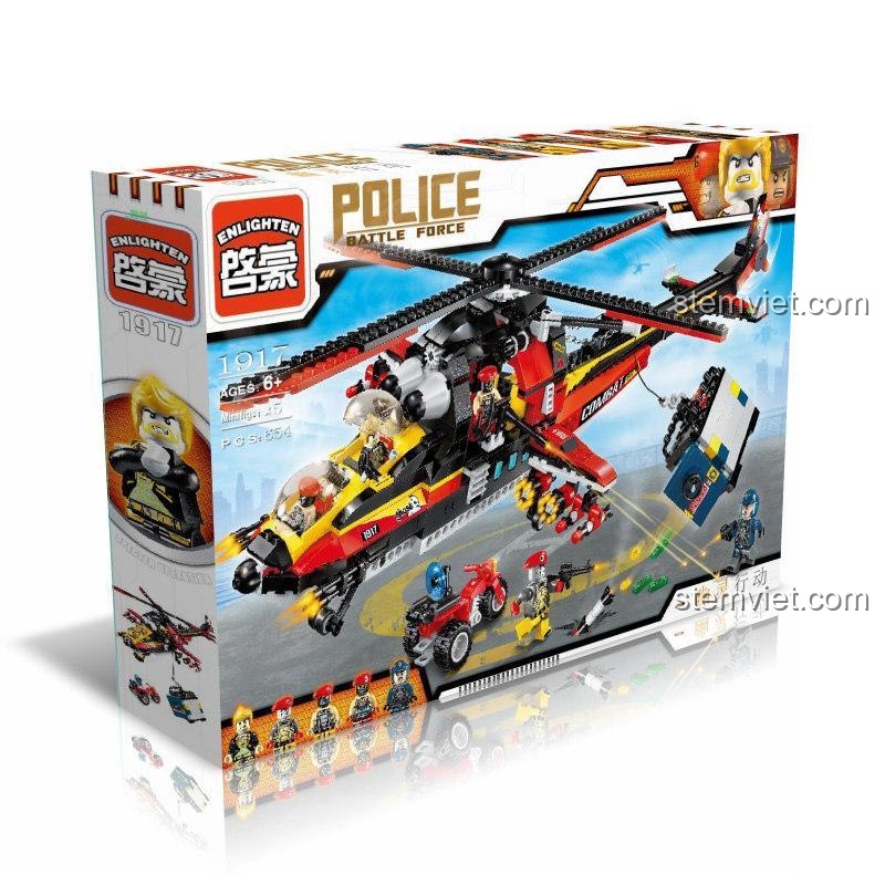 Mô tô ba bánh chi tiết của bộ đồ chơi lắp ráp Enlighten 1917, một phần của biệt đội cảnh sát chiến đấu, phù hợp cho bé trai 6 tuổi.