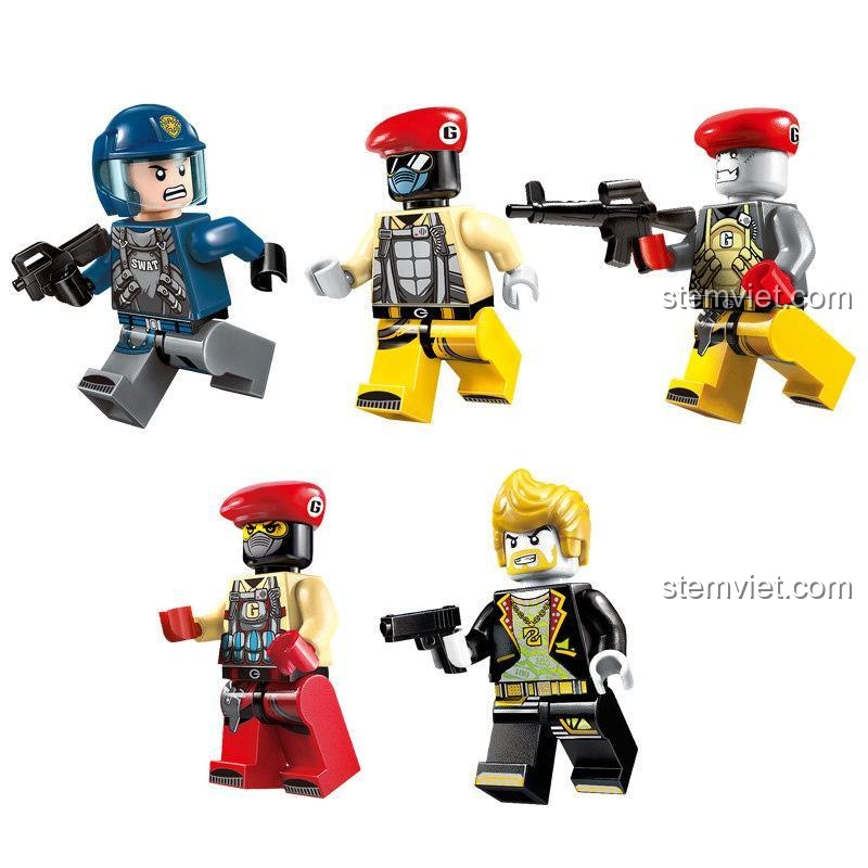 Hộp đồ chơi bộ lắp ráp Enlighten 1917 Trực thăng quân sự, với hình ảnh biệt đội cảnh sát chiến đấu, phù hợp cho bé trai 6 tuổi.