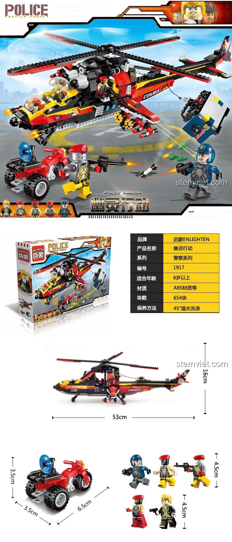 Thông số kỹ thuật và kích thước chi tiết của bộ đồ chơi lắp ráp Enlighten 1917 Trực thăng quân sự, thể hiện các tính năng nổi bật và độ chi tiết cao.