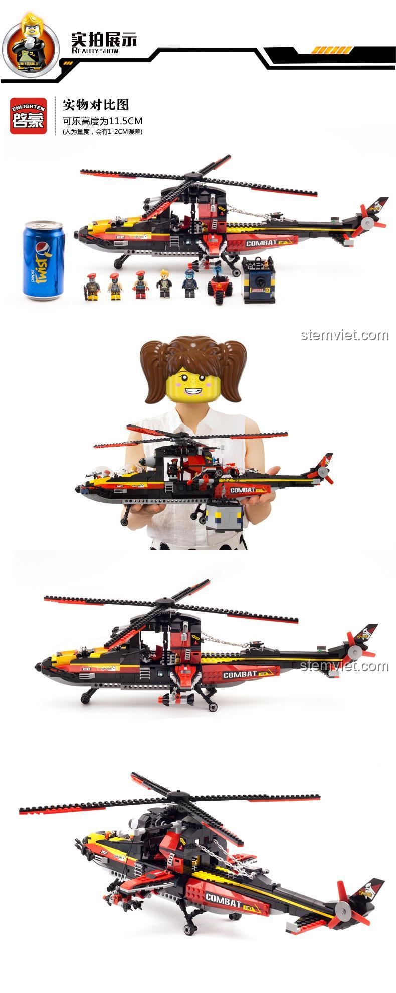 Chi tiết mô tô ba bánh của bộ lắp ghép Enlighten 1917, với lốp TPE chất lượng cao và khả năng chở minifigure, phù hợp cho bé trai.