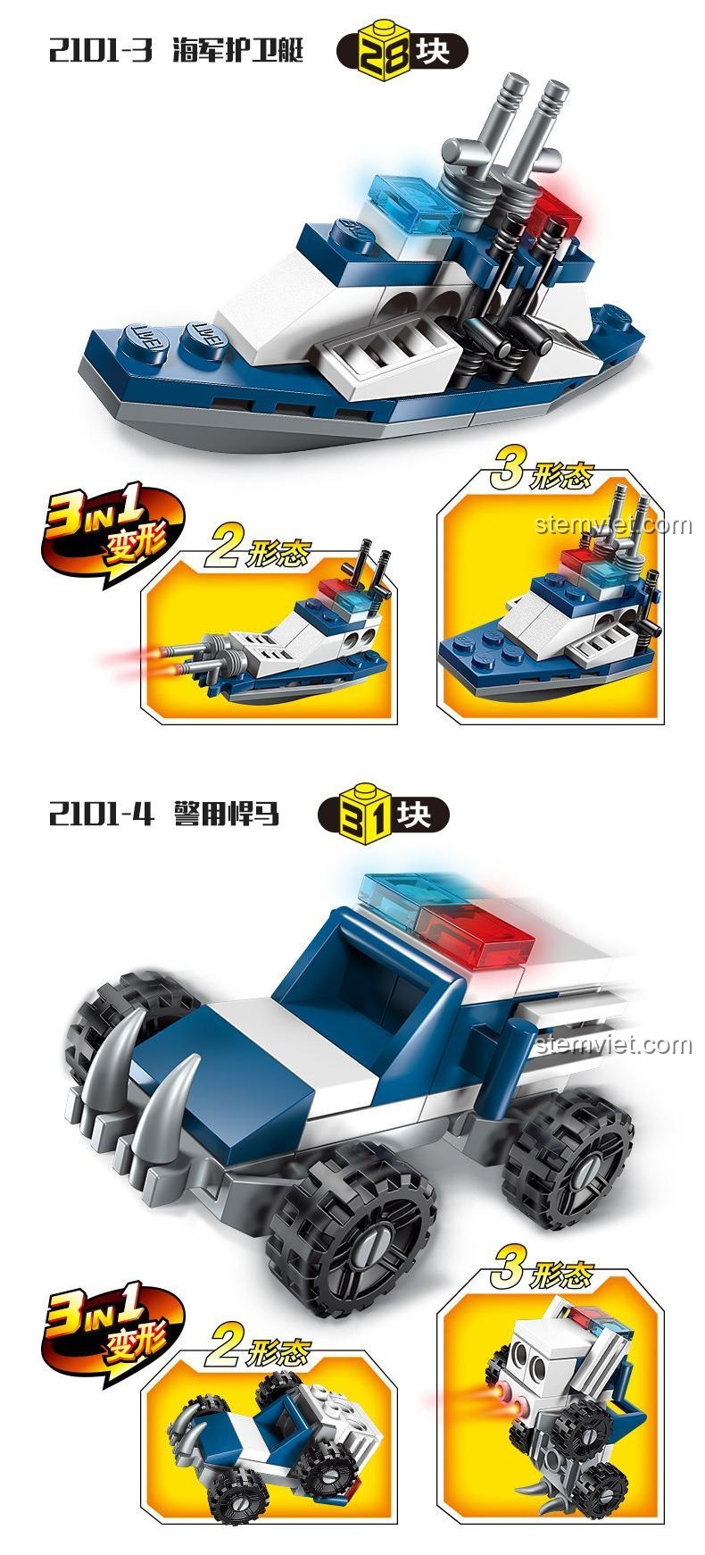 Mô hình robot/xe màu xanh dương biến hình 3-trong-1, là một phần của đồ chơi mô hình Xe Cảnh Sát Biến Hình Keeppley 2101, chất liệu an toàn.