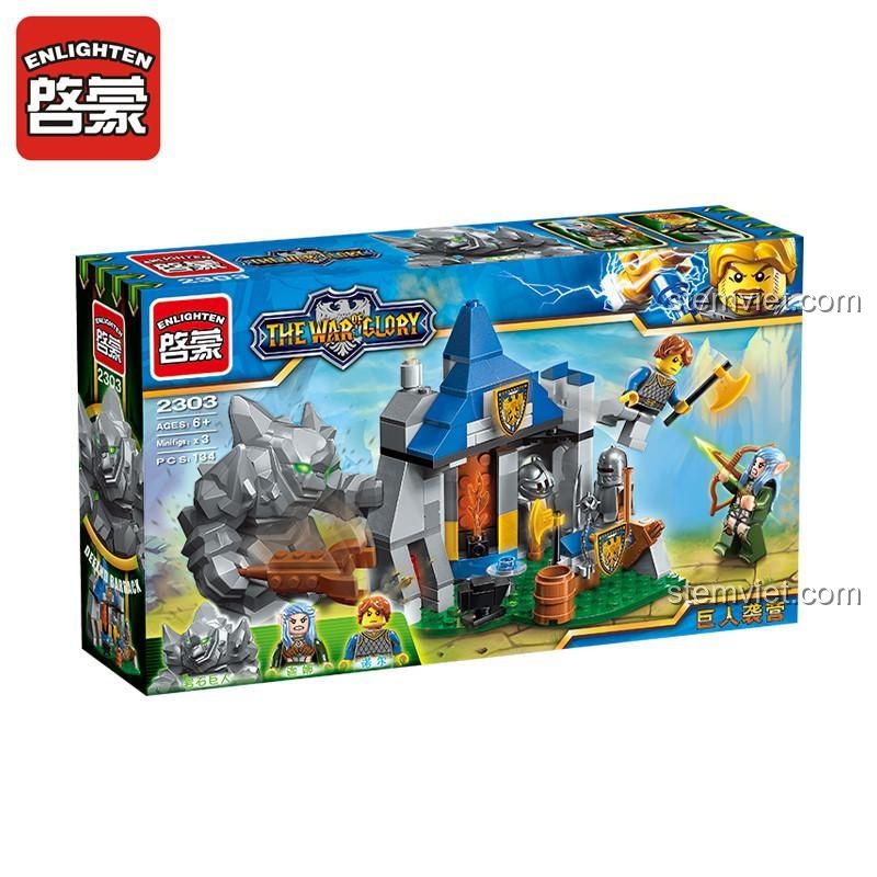 Hộp sản phẩm Enlighten 2303 Cuộc Chiến Vinh Quang: Người Khổng Lồ Tấn Công Doanh Trại, hiển thị số chi tiết 134 mảnh ghép, độ tuổi 6+.