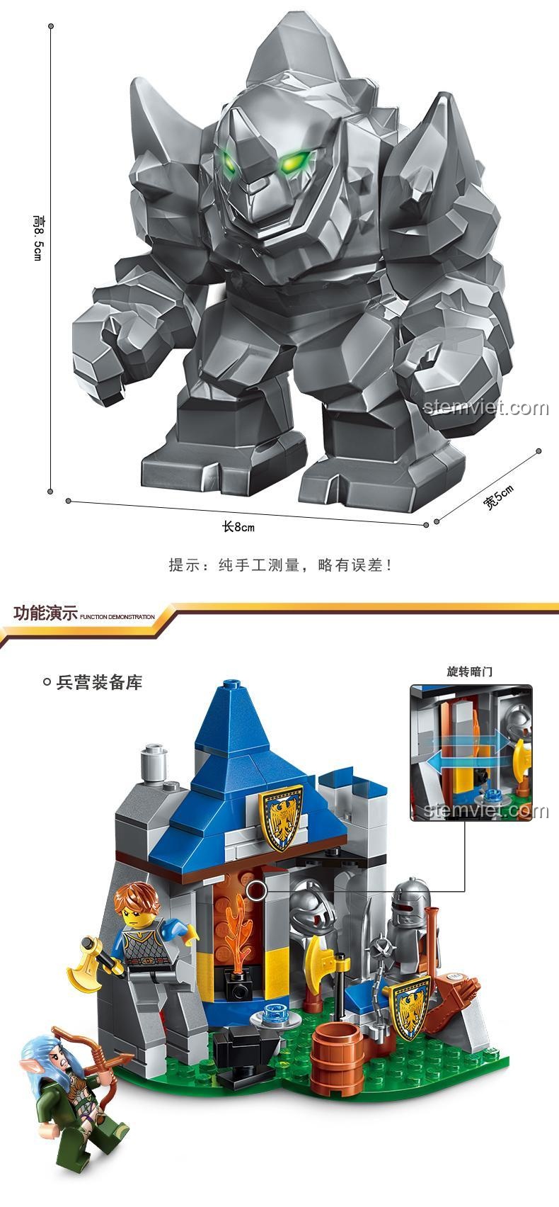 Kích thước Người Khổng Lồ Đá trong bộ lắp ghép Enlighten 2303: dài 8cm, rộng 5cm, cao 9.5cm, tạo nên trận chiến hoành tráng cho bé trai.